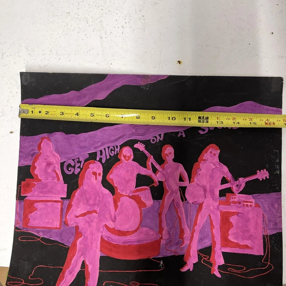 Vintage 1968 Psychedelic Band Drawing Get High On A Sound Pink Purple 15x18 OOAK